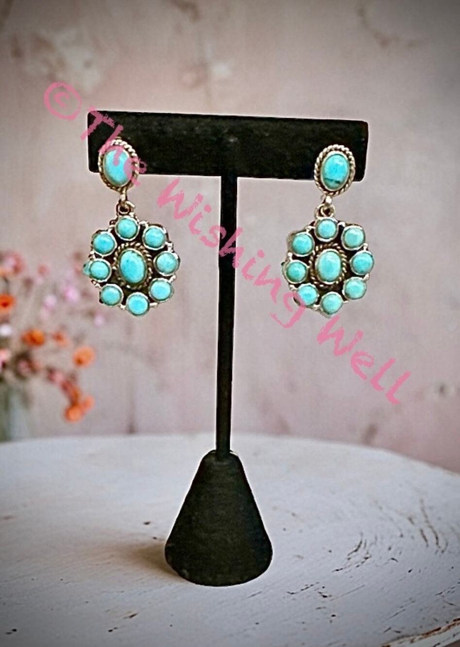 Kingman Green Turquoise Cluster Dangle Earrings 1.5” Long Sterling Silver